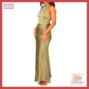 Satin Maxi Dress Elegant Formal Sleeveless Backless Wedding Guest Party Wear